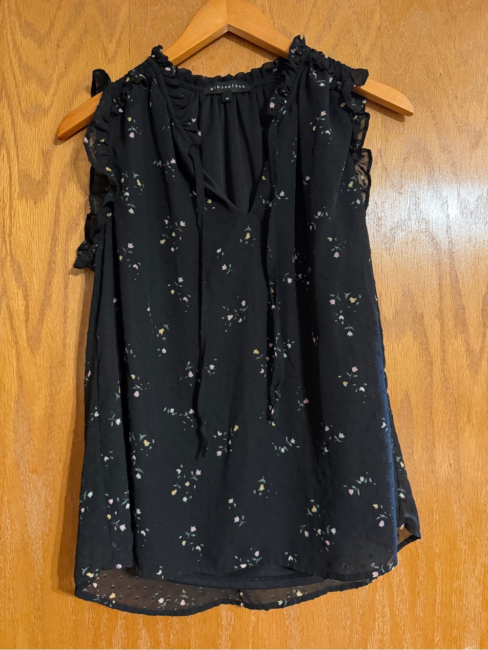 Gibson Black Floral Ruffle Tie-Neck Sleeveless Camisole